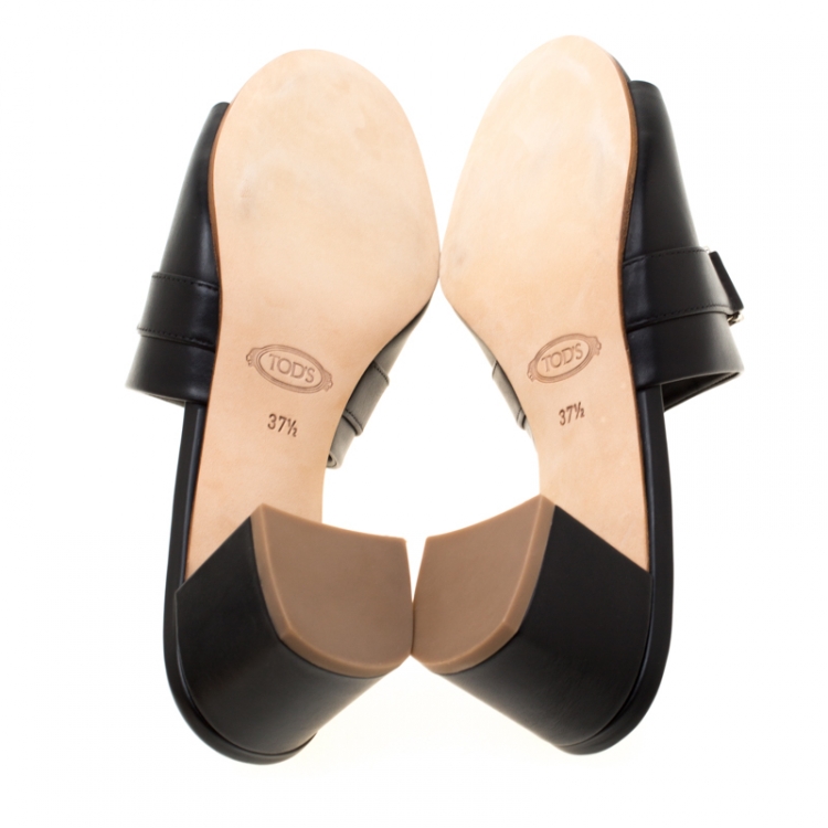 Pre Owned Tod's Black Leather Double T Peep Toe Mules Size 37.5