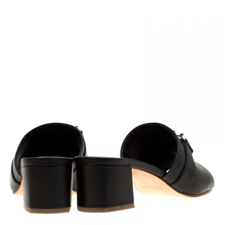 Pre Owned Tod's Black Leather Double T Peep Toe Mules Size 37.5
