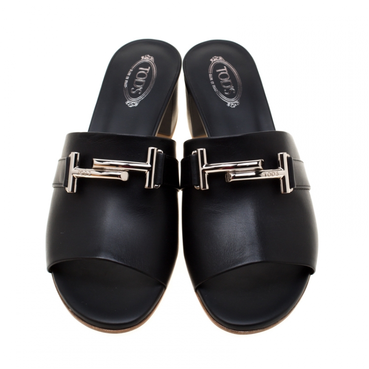 Pre Owned Tod's Black Leather Double T Peep Toe Mules Size 37.5