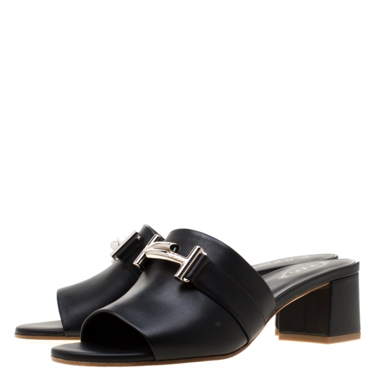 Pre Owned Tod's Black Leather Double T Peep Toe Mules Size 37.5