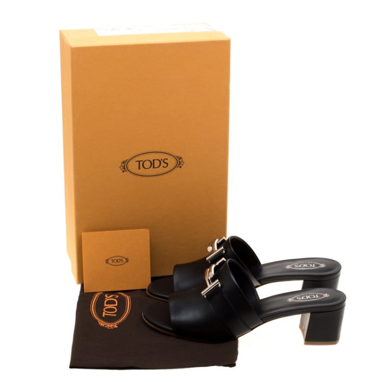 Pre Owned Tod's Black Leather Double T Peep Toe Mules Size 37.5