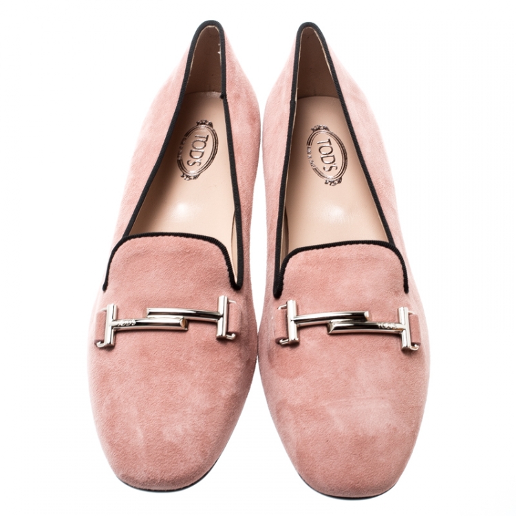 Pre Owned Tod's Pale Pink Suede Double T Smoking Slippers Size 39
