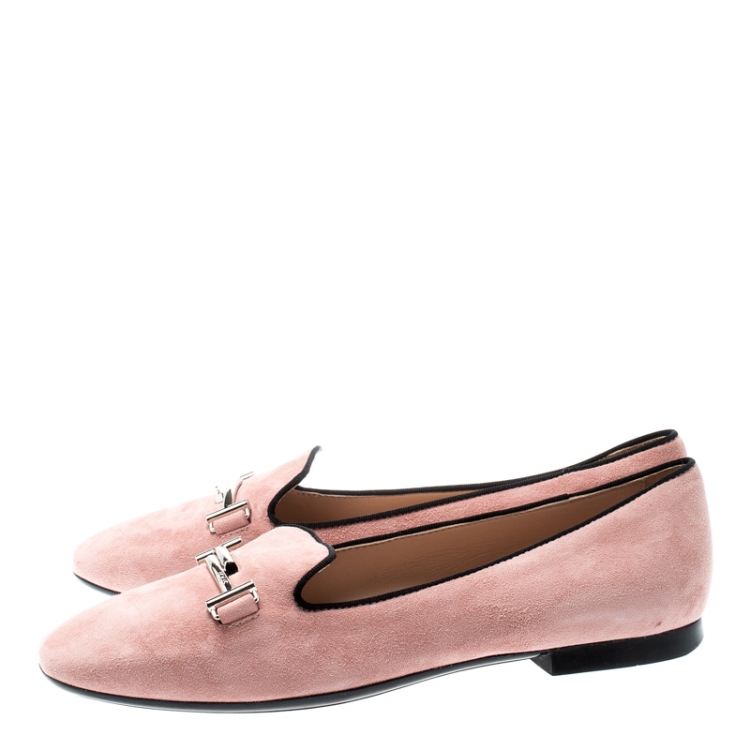 Pre Owned Tod's Pale Pink Suede Double T Smoking Slippers Size 39