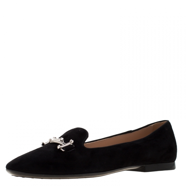 Pre Owned Tod's Black Suede Crystal Embellished Double T Smoking Slippers Size 38