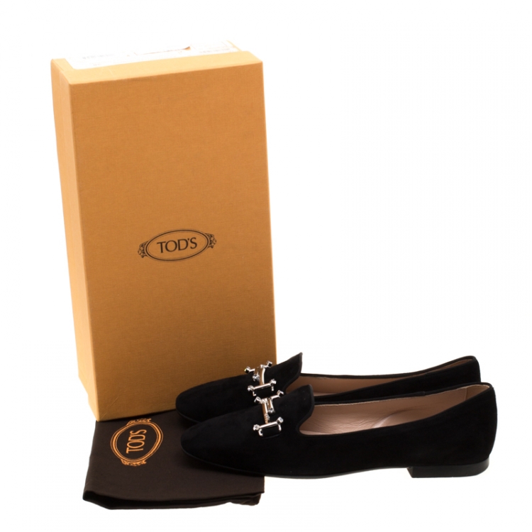 Pre Owned Tod's Black Suede Crystal Embellished Double T Smoking Slippers Size 38