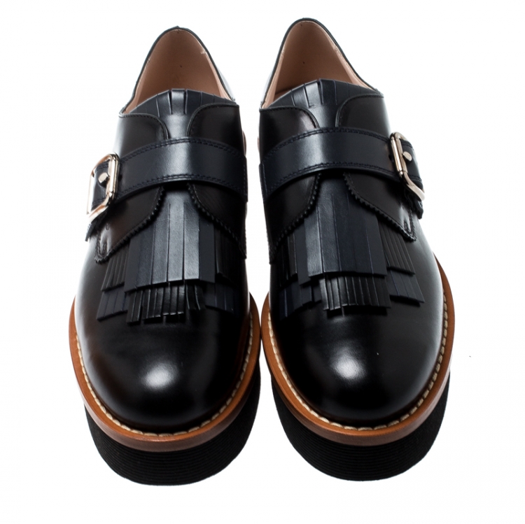 Pre Owned Tod's Black And Navy Blue Leather Fringe Detail Platform Loafers Size 41