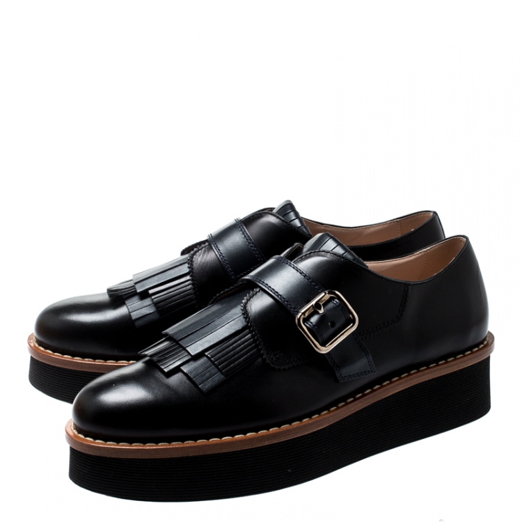 Pre Owned Tod's Black And Navy Blue Leather Fringe Detail Platform Loafers Size 41