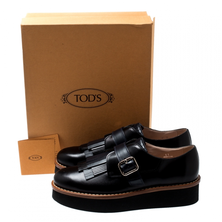 Pre Owned Tod's Black And Navy Blue Leather Fringe Detail Platform Loafers Size 41