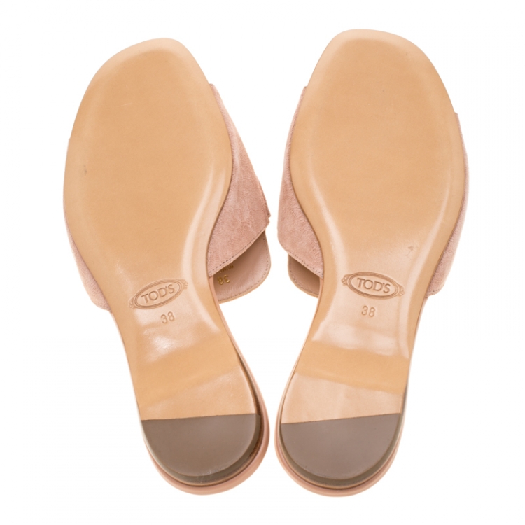 Pre Owned Tod's Limited Edition Pale Pink Suede Crystal Embellished Peep Toe Flat Slides Size 38