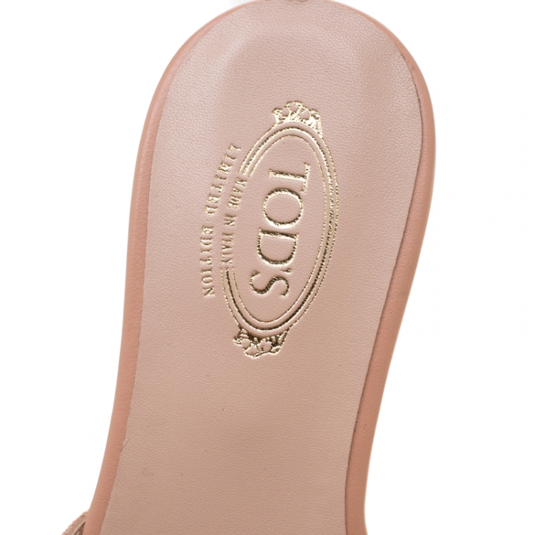 Pre Owned Tod's Limited Edition Pale Pink Suede Crystal Embellished Peep Toe Flat Slides Size 38