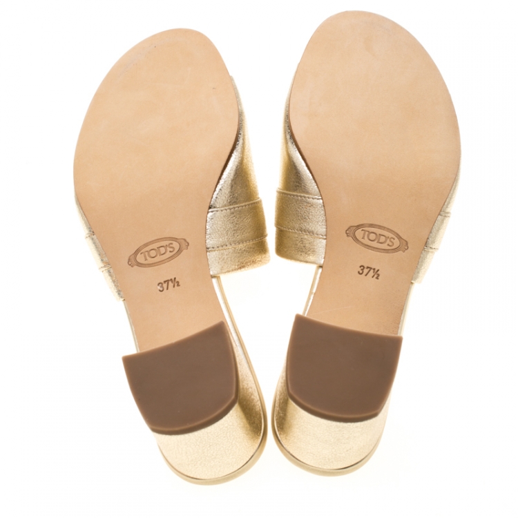 Pre Owned Tod's Limited Edition Metallic Gold Textured Leather Double T Peep Toe Mules Size 37.5