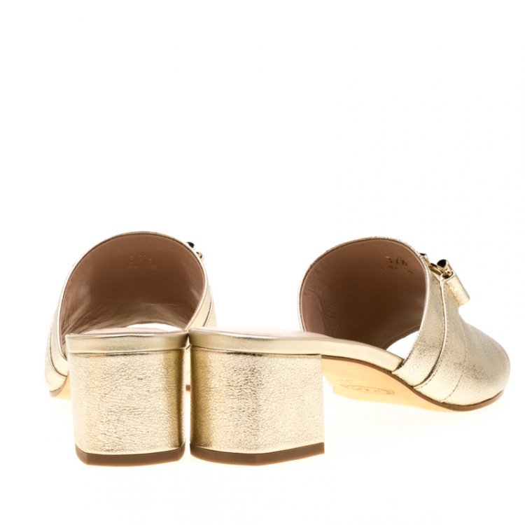 Pre Owned Tod's Limited Edition Metallic Gold Textured Leather Double T Peep Toe Mules Size 37.5