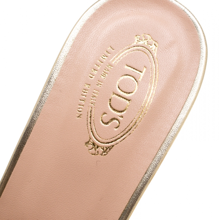 Pre Owned Tod's Limited Edition Metallic Gold Textured Leather Double T Peep Toe Mules Size 37.5