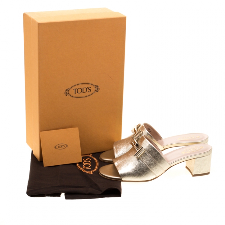 Pre Owned Tod's Limited Edition Metallic Gold Textured Leather Double T Peep Toe Mules Size 37.5
