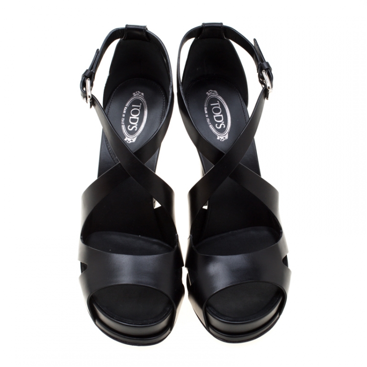 Pre Owned Tod's Black Leather Cross Ankle Strap Platform Sandals Size 37