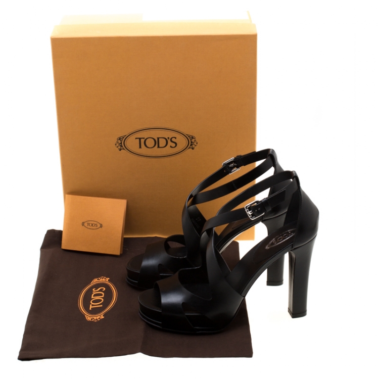 Pre Owned Tod's Black Leather Cross Ankle Strap Platform Sandals Size 37