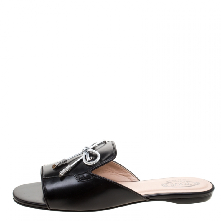 Pre Owned Tod's Limited Edition Black Leather Crystal Embellished Bow Peep Toe Flat Slides Size 38
