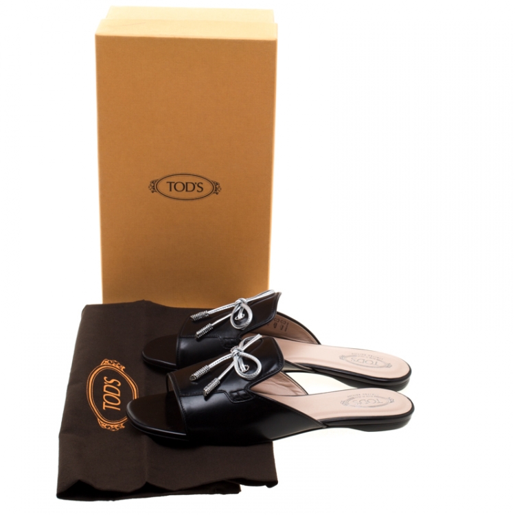 Pre Owned Tod's Limited Edition Black Leather Crystal Embellished Bow Peep Toe Flat Slides Size 38