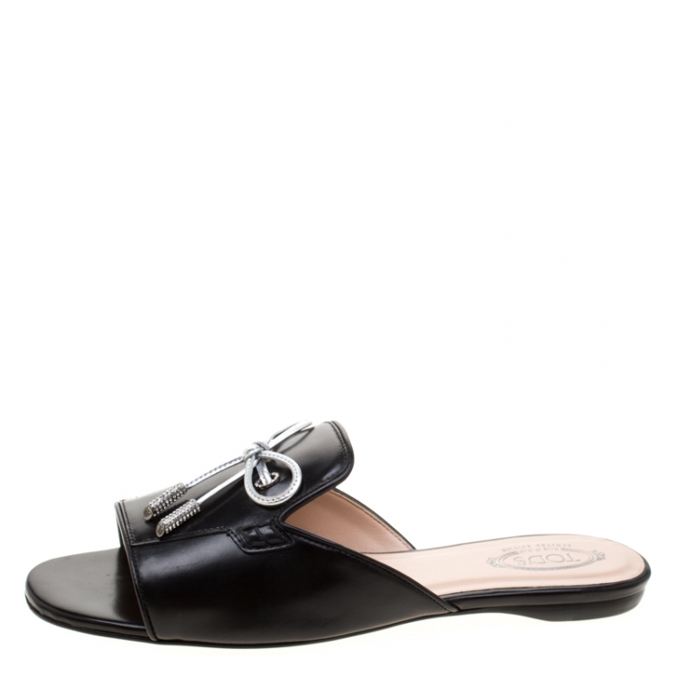 Pre Owned Tod's Limited Edition Black Leather Crystal Embellished Bow Peep Toe Flat Slides Size 37.5