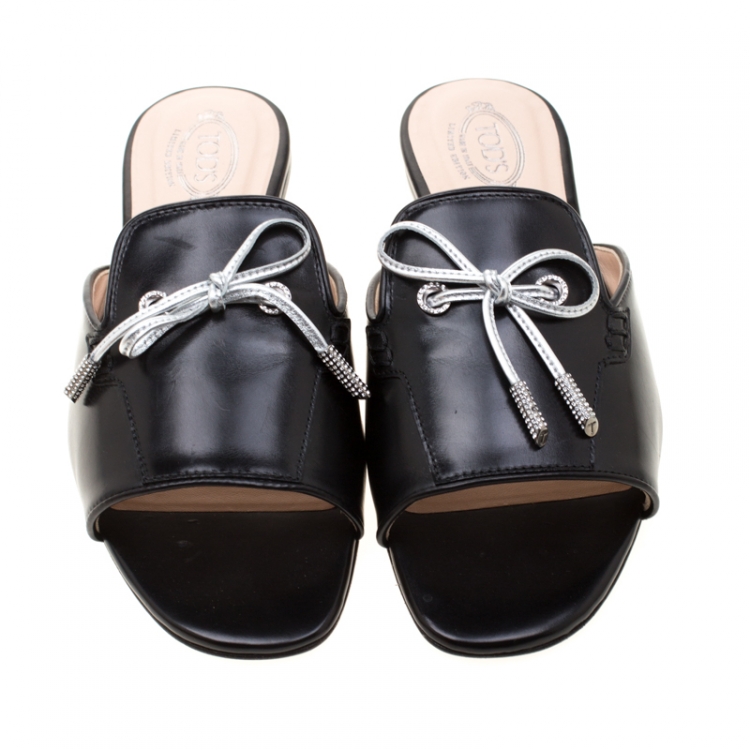 Pre Owned Tod's Limited Edition Black Leather Crystal Embellished Bow Peep Toe Flat Slides Size 37.5