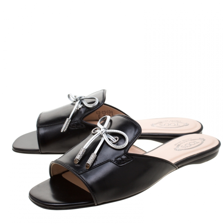 Pre Owned Tod's Limited Edition Black Leather Crystal Embellished Bow Peep Toe Flat Slides Size 37.5