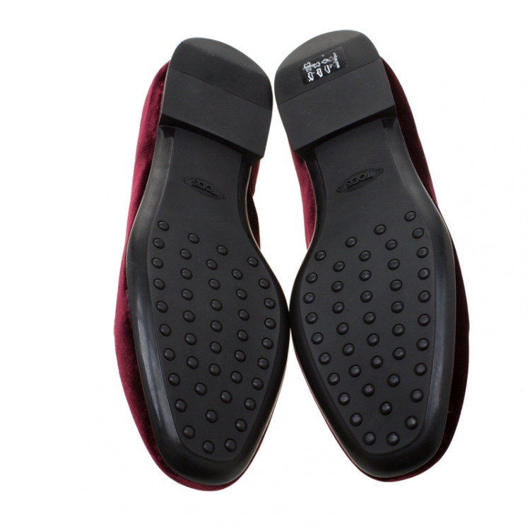 Pre Owned Tod's Burgundy Velvet Double T Smoking Slippers Size 39