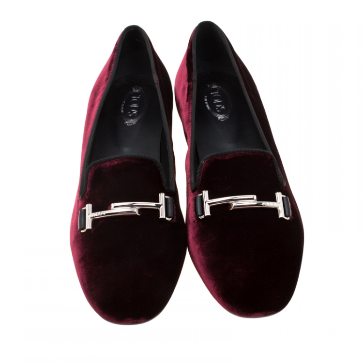 Pre Owned Tod's Burgundy Velvet Double T Smoking Slippers Size 39