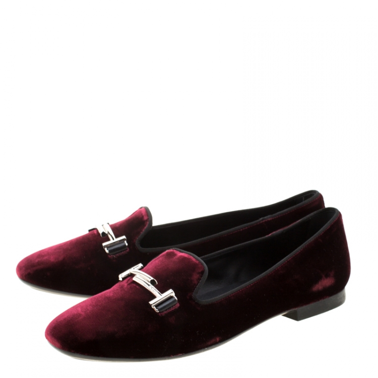 Pre Owned Tod's Burgundy Velvet Double T Smoking Slippers Size 39