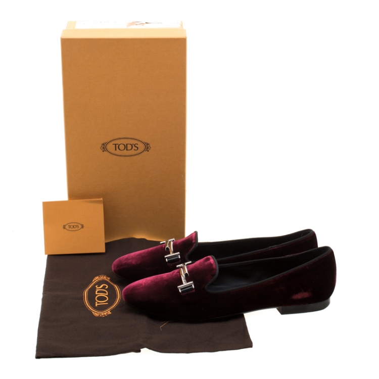 Pre Owned Tod's Burgundy Velvet Double T Smoking Slippers Size 39