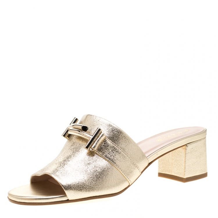 Pre Owned Tod's Limited Edition Metallic Gold Textured Leather Double T Peep Toe Mules Size 37.5