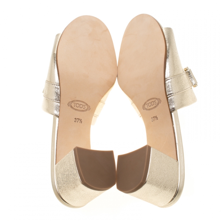 Pre Owned Tod's Limited Edition Metallic Gold Textured Leather Double T Peep Toe Mules Size 37.5