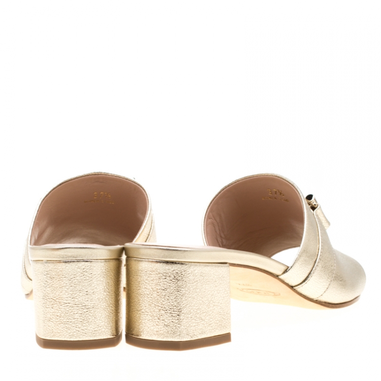 Pre Owned Tod's Limited Edition Metallic Gold Textured Leather Double T Peep Toe Mules Size 37.5