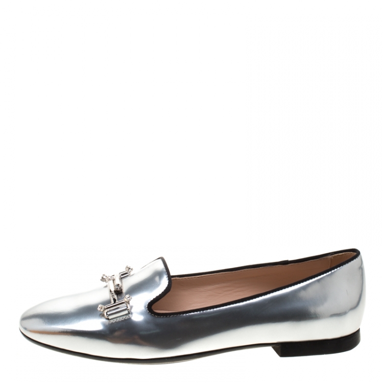 Pre Owned Tod's Metallic Silver Leather Crystal Embellished Double T Smoking Slippers Size 37