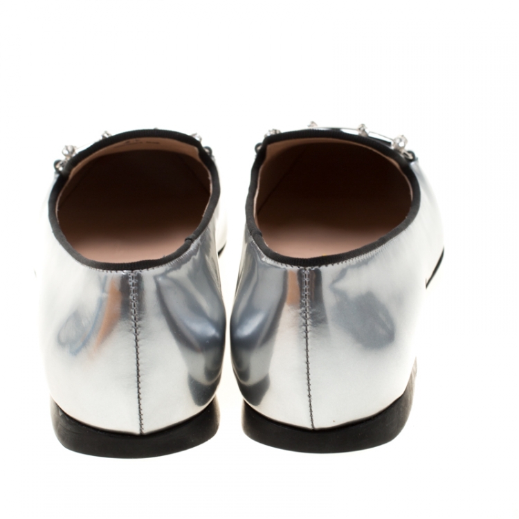 Pre Owned Tod's Metallic Silver Leather Crystal Embellished Double T Smoking Slippers Size 37