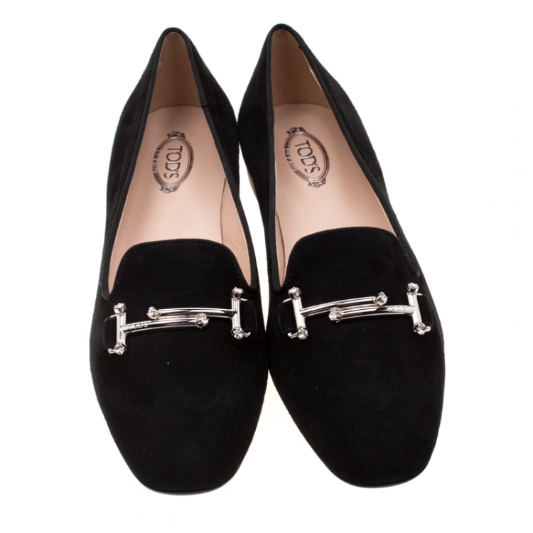 Pre Owned Tod's Black Suede Crystal Embellished Double T Smoking Slippers Size 38