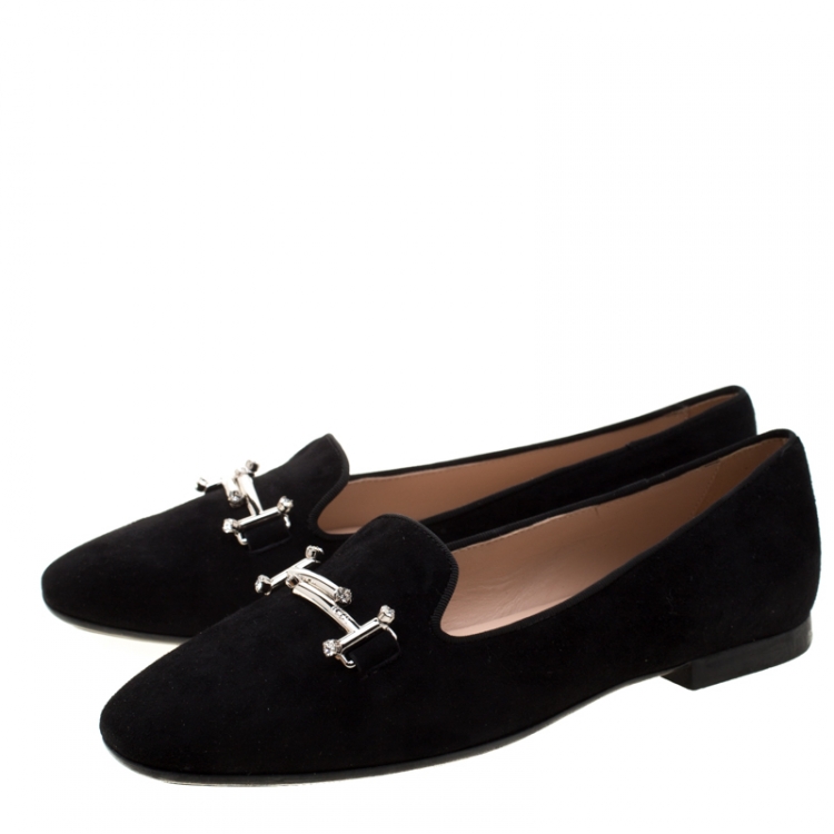 Pre Owned Tod's Black Suede Crystal Embellished Double T Smoking Slippers Size 38