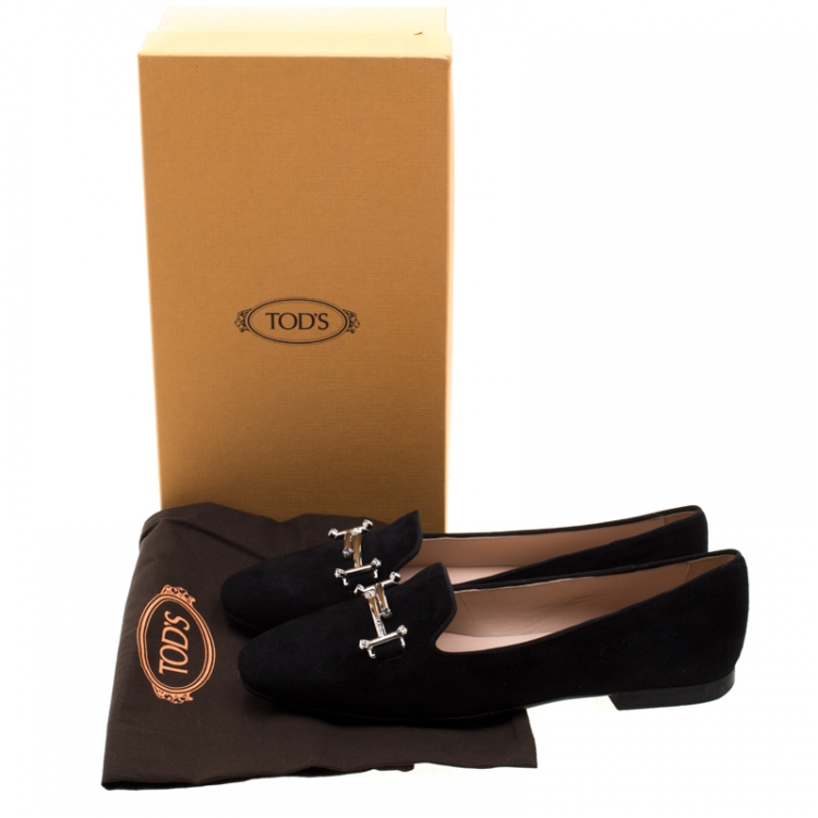 Pre Owned Tod's Black Suede Crystal Embellished Double T Smoking Slippers Size 38