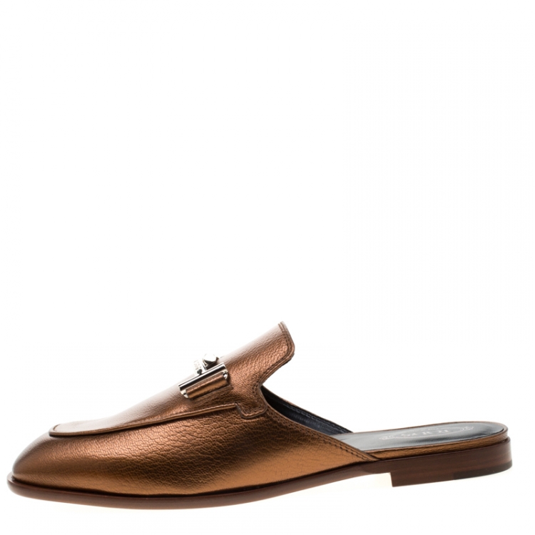 Pre Owned Tod's Metallic Bronze Leather Double T Flat Mules Size 38