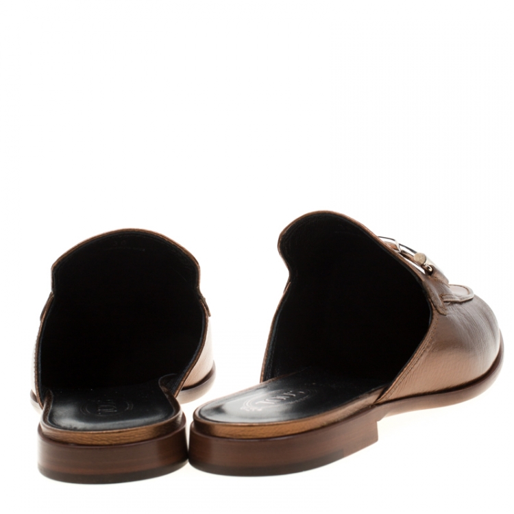 Pre Owned Tod's Metallic Bronze Leather Double T Flat Mules Size 38