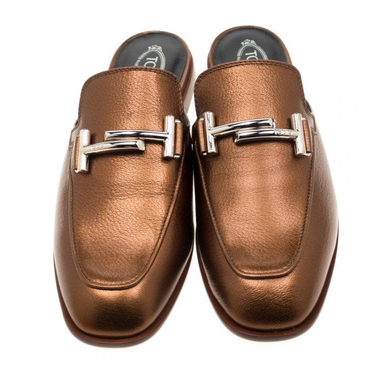 Pre Owned Tod's Metallic Bronze Leather Double T Flat Mules Size 38