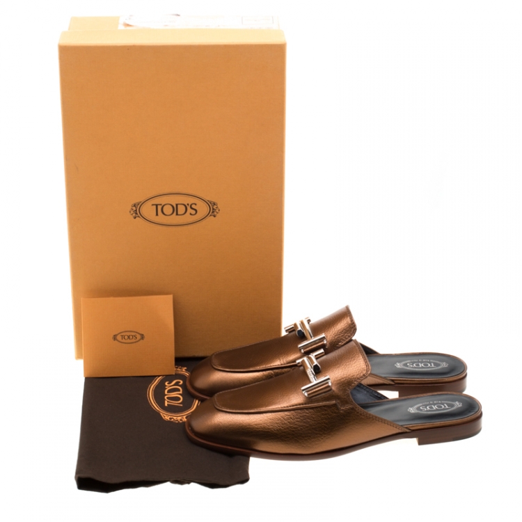 Pre Owned Tod's Metallic Bronze Leather Double T Flat Mules Size 38