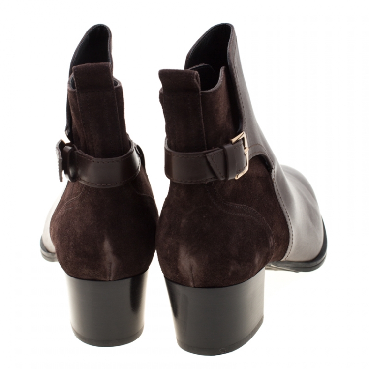 Pre Owned Tod's Brown Leather and Suede Block Heel Ankle Boots Size 40