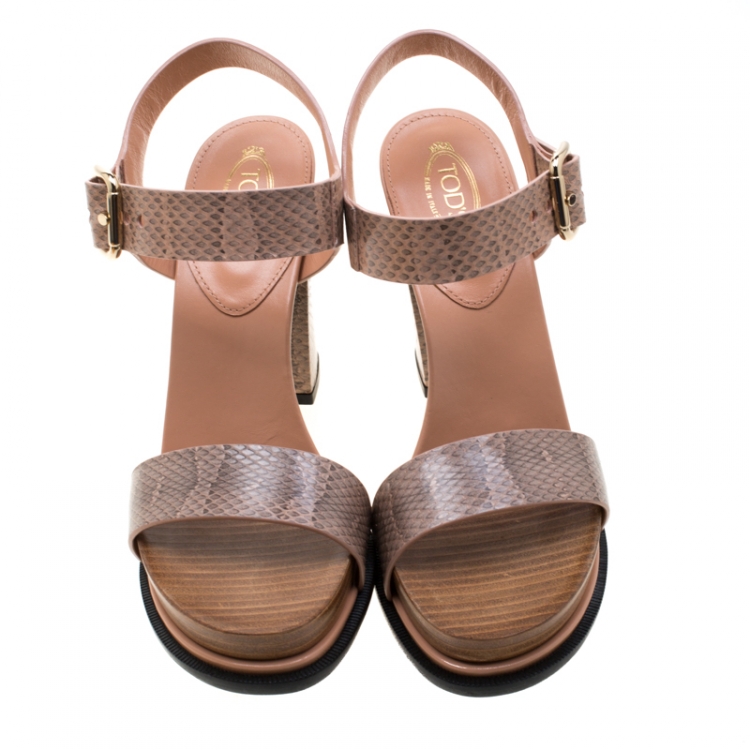 Pre Owned Tod's Beige Python Leather Ankle Strap Platform Sandals Size 38