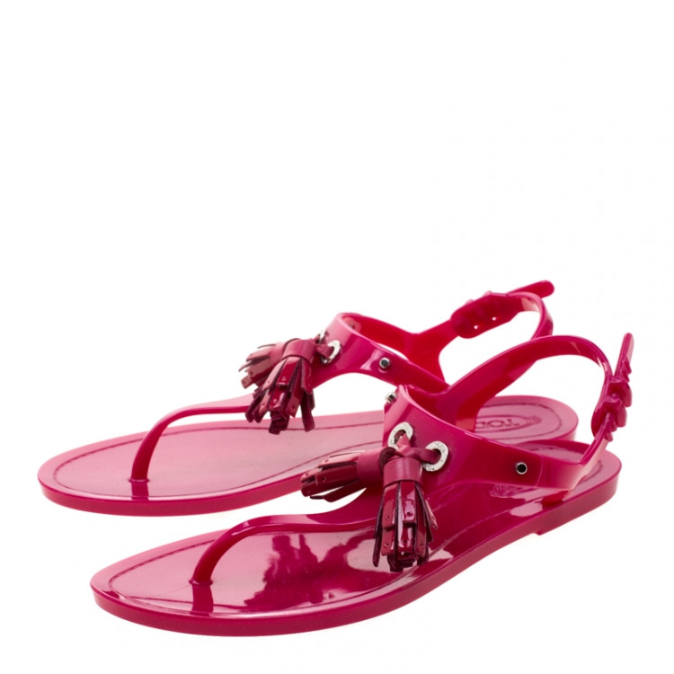 Pre Owned Tod’s Fuchsia Pink Jelly Tassel Detail Thong Flats Size 36
