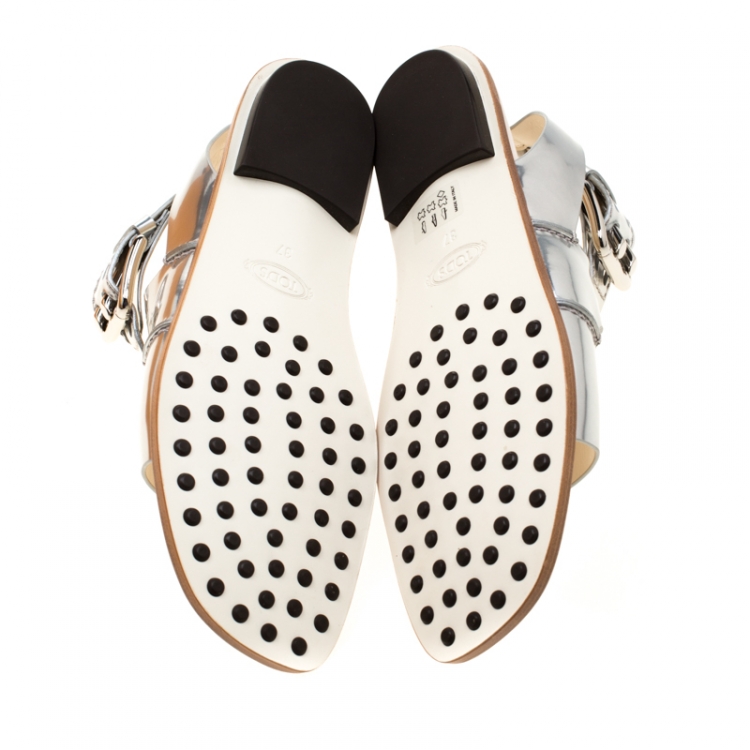 Pre Owned Tod's Metallic Silver Leather Cross Strap Flat Sandals Size 37