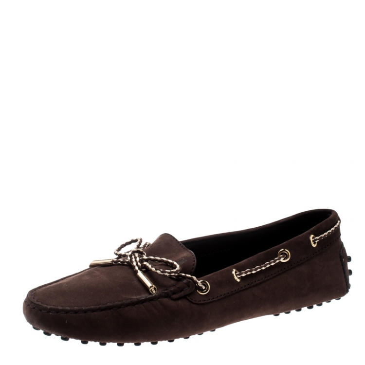 Pre Owned Tod's Dark Brown Suede with Contrast Braided Bow Loafers Size 39.5