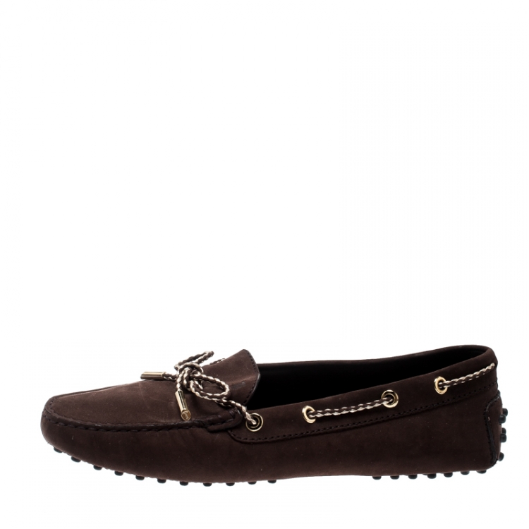 Pre Owned Tod's Dark Brown Suede with Contrast Braided Bow Loafers Size 39.5