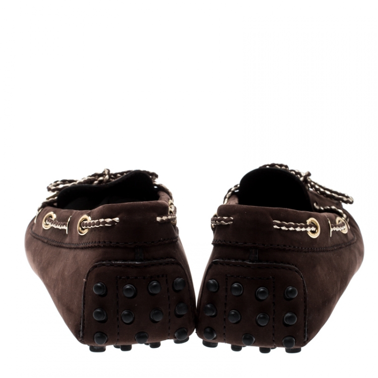Pre Owned Tod's Dark Brown Suede with Contrast Braided Bow Loafers Size 39.5