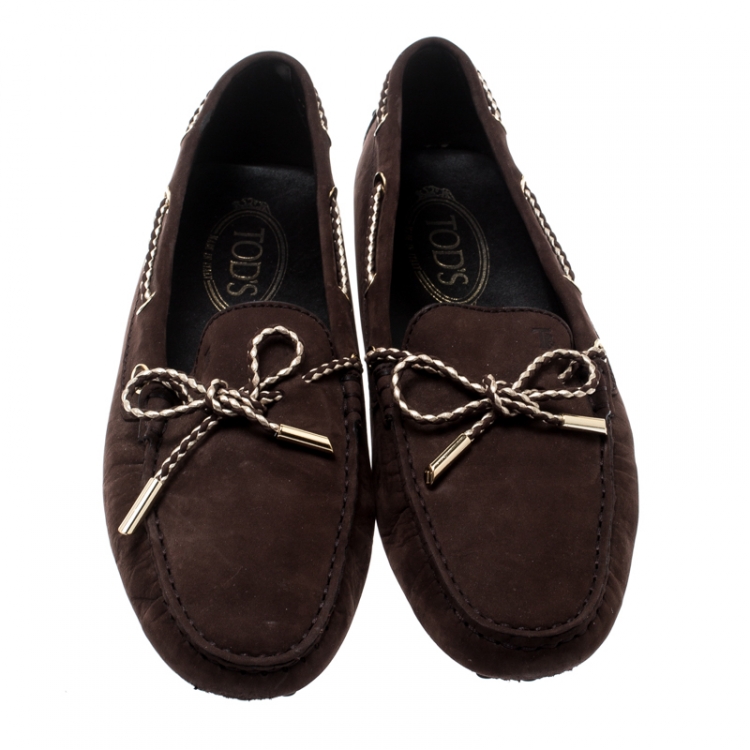 Pre Owned Tod's Dark Brown Suede with Contrast Braided Bow Loafers Size 39.5