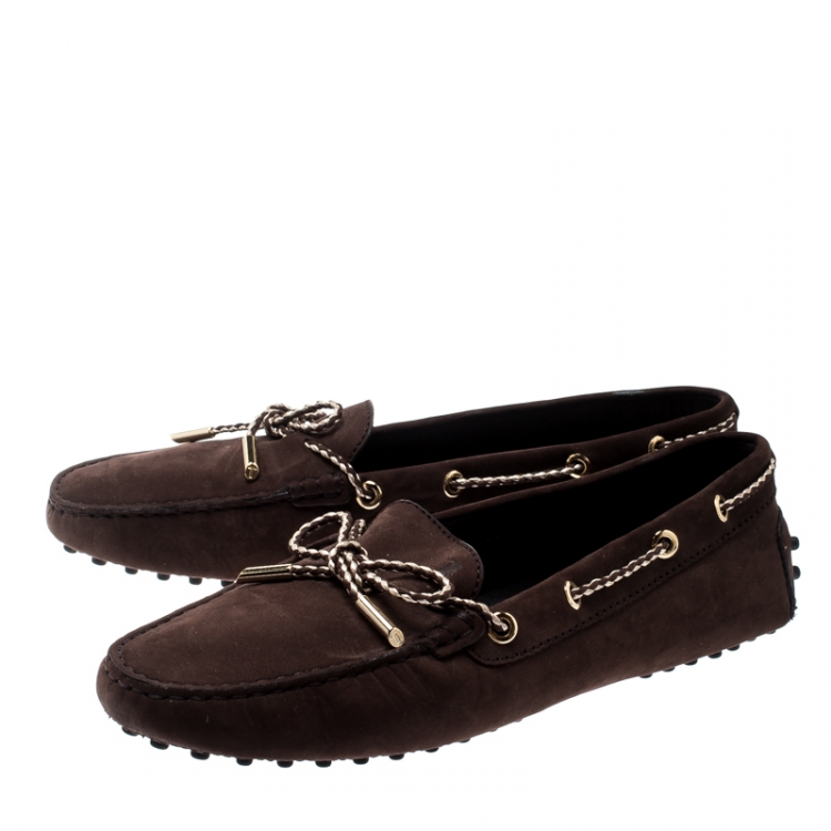 Pre Owned Tod's Dark Brown Suede with Contrast Braided Bow Loafers Size 39.5